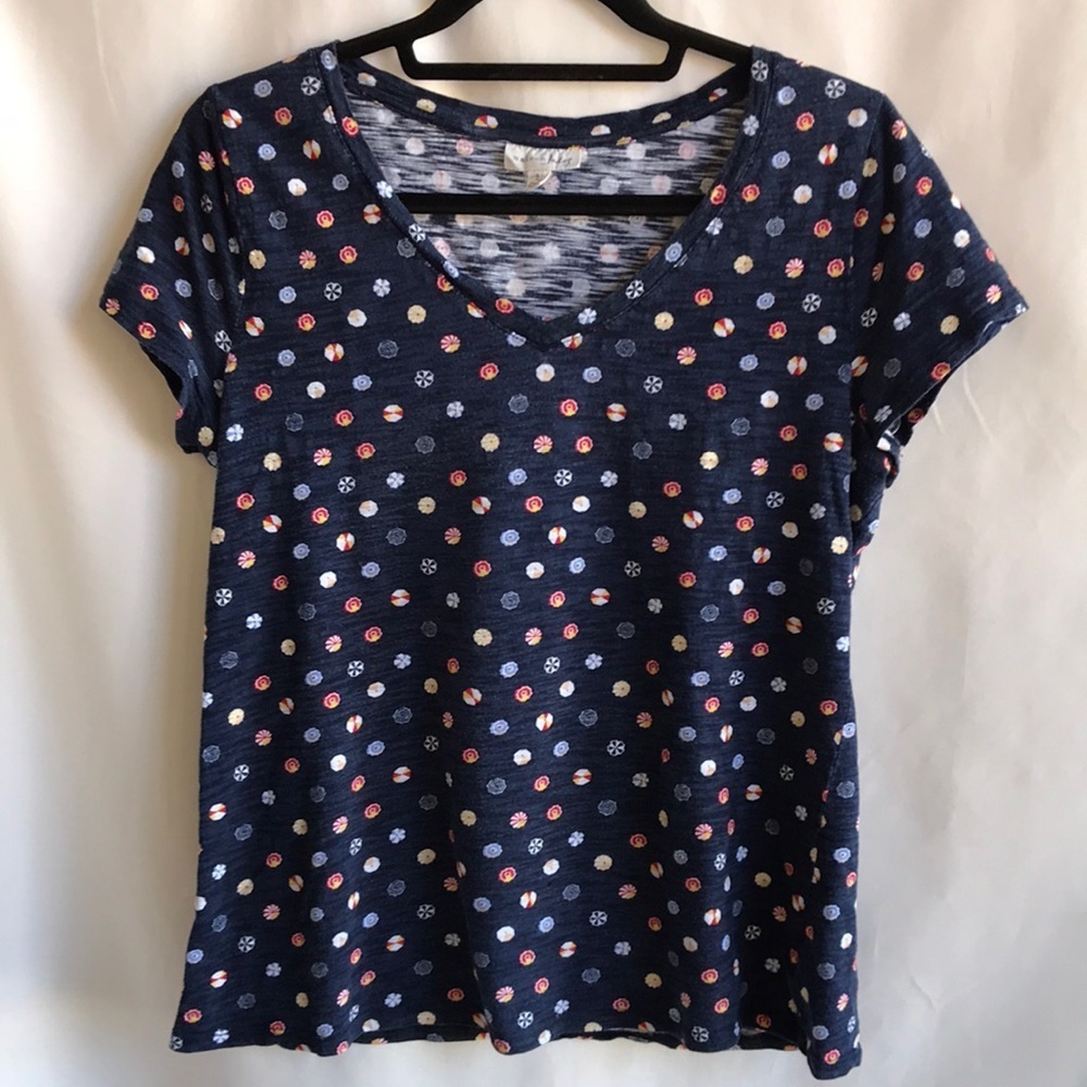 Maison Jules navy umbrella print V-neck tee, size L